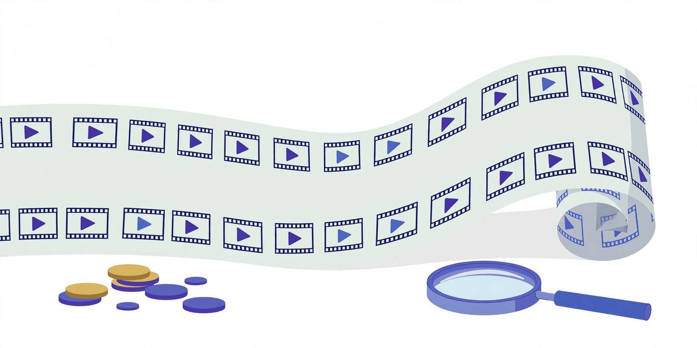 Illustration of a long receipt covered in video frames with coins and a magnifying glass